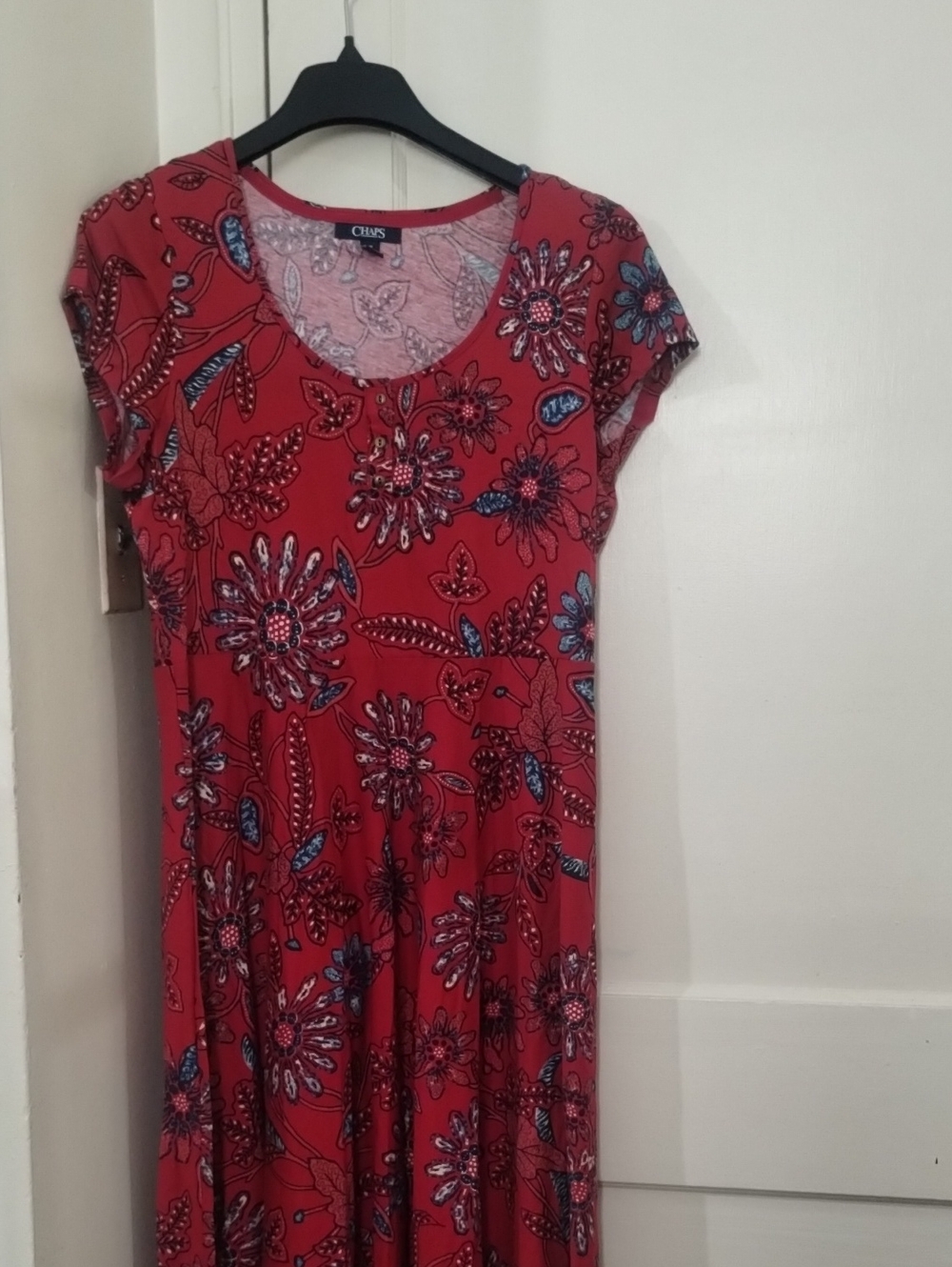 Chaps Red Floral Short-Sleeve Maxi Dress with Blue Accents